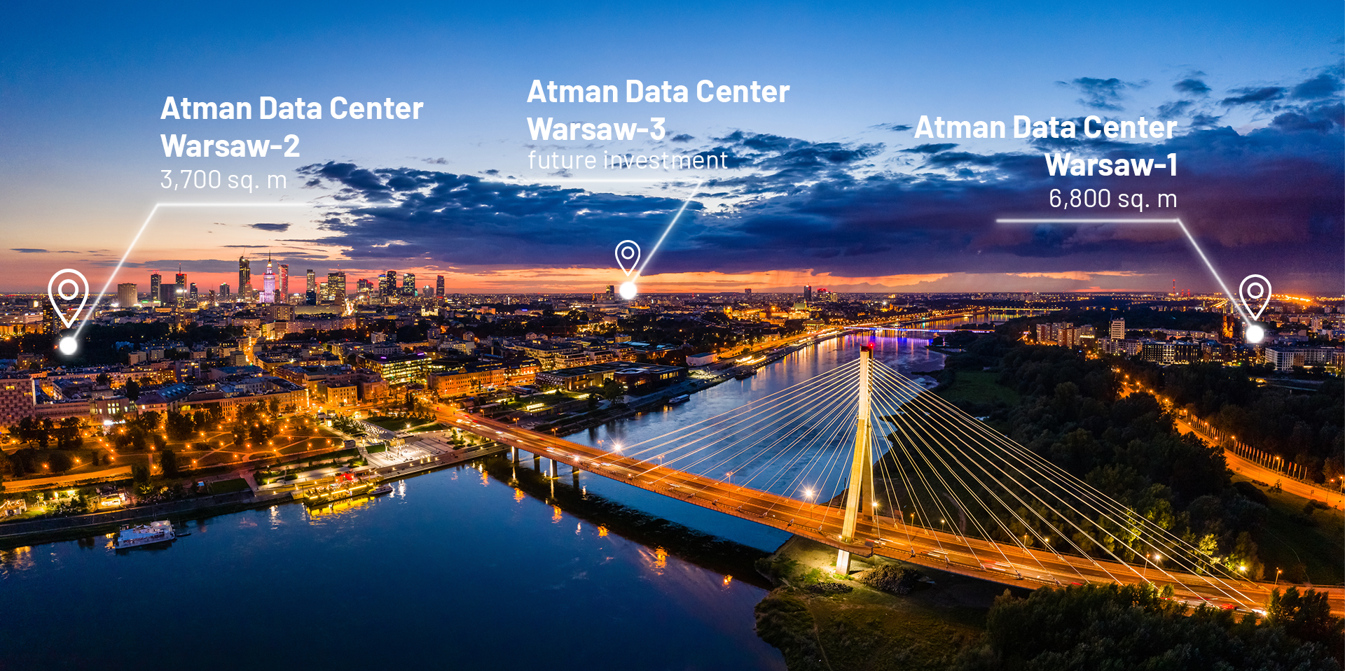 Warsaw view with Atman Data Center sites marked on illustratively